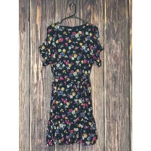 Ralph Lauren Cold Shoulder Dress Womens 12 Navy Floral Print Tie Waist Ruffle